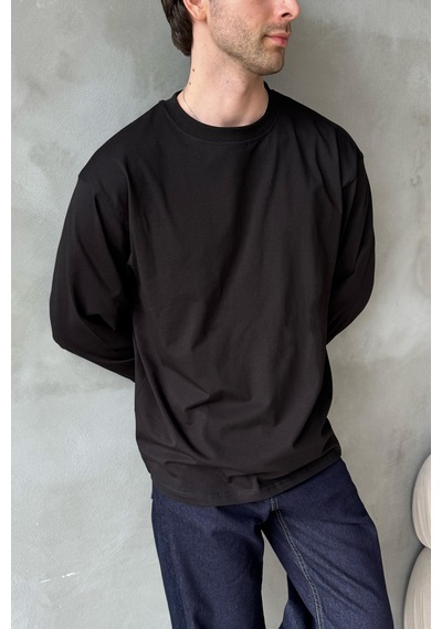 Erkek Oversize Uzun Kollu Basic T-shirt Siyah
