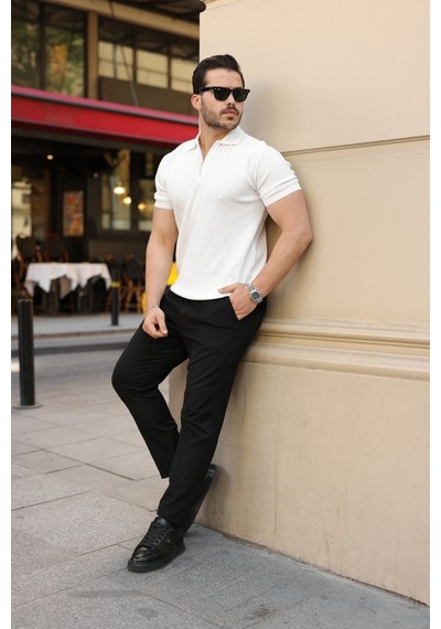 Etiler Collection Erkek Fermuarlı Yakalı Kısa Kollu Tshirt Beyaz