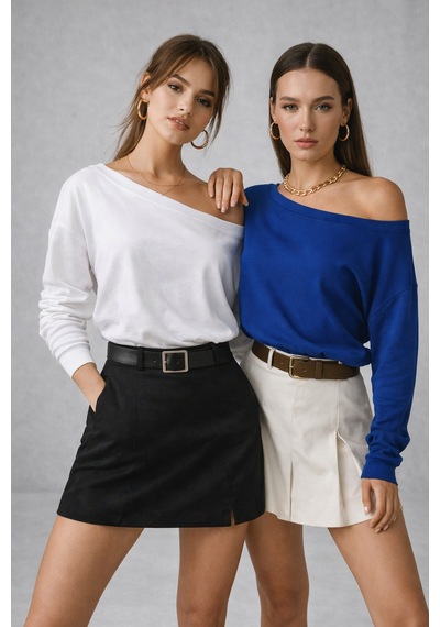 Rich Kadın 2'li Paket Saks Mavi - Beyaz Düşük Omuz Modal Bluz Saks Mavi-beyaz