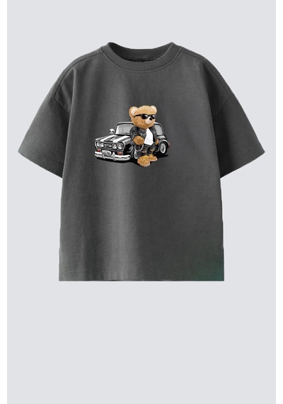 Monila Erkek Çocuk Pamuklu Bisiklet Yaka Araba Ve Ayıcık Baskılı T-shirt Füme