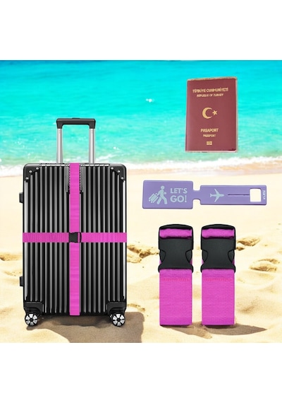 Tarix Valiz Kemeri 2 Adet + Etiket 1 Adet + Şeffaf Pasaport Kılıfı 1 Adet Pembe