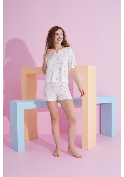 Siyah İnci Likralı Örme T-shirt-şort Pijama Takım 7809 Beyaz Yıldız