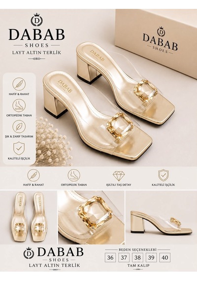 Dabab Shoes Andy Kadın Şeffaf Bantlı Taş Tokalı Kare Burunlu Bej 7 Cm Kalın Topuklu Terlik