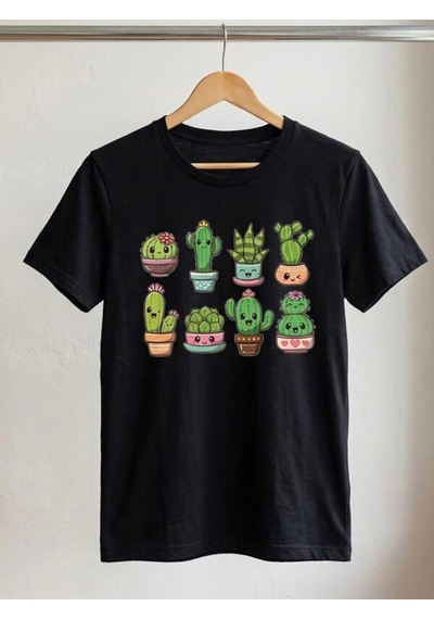 Kadın Oversize Sevimli Kaktüs Baskılı Kompak T-shirt Siyah