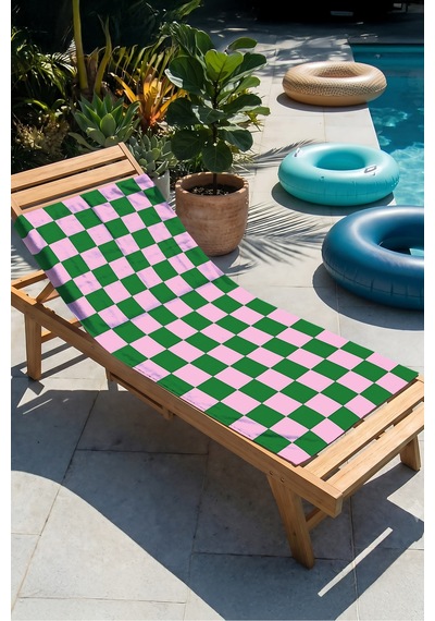 Damalı Kareli Pembe Yeşil Plaj Havlusu - Modern Retro Geometrik Hızlı Kuruyan Mikrofiber Havlu Örtü Çok Renkli