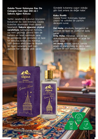 Galata Tower Kolonyası Eau De Cologne Cam Şişe 250 Ml Türkiye Serisi Sakura Ağacı Kokusu