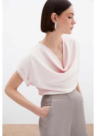 Sateen Kollar Taş Detaylı Salaş Bluz - Pudra-136465 Pudra
