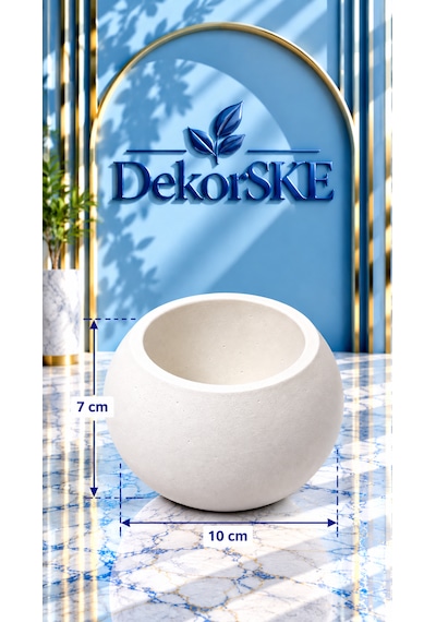 Dekorske - Taş Tozu Yuvarlak Saksı Ve Mumluk - 7x10 Cm - El Yapımı Dekoratif Mini Saksı Ve Çok Amaçlı Ev Dekoru Beyaz