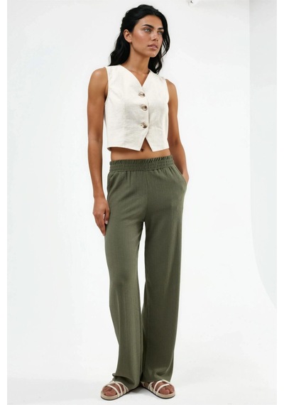 Hiccup Düz Paça Dokulu Pantolon Ellie Collection Haki
