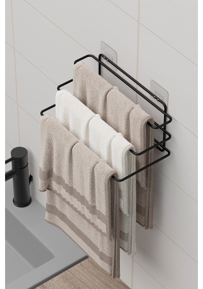 Yapışkanlı 3 Katlı Havlu Asıcı Raf Banyo Düzenleyici Metal Havlu Tutacağı Organizer Havluluk Rafı Siyah