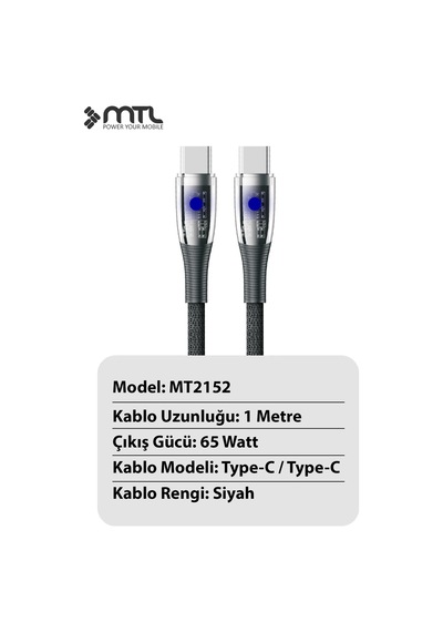 65w Pd Type-c To Type-c Hasır Örgülü Hızlı Şarj Ve Data Kablosu 1 Metre Siyah Mt2152