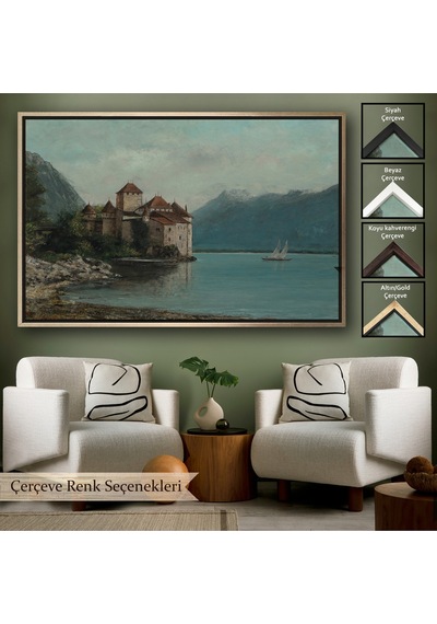 Ahşap Çerçeveli Gustave Courbet - Cenevre Gölü'ndeki Chillon Kalesi Tablo-7094