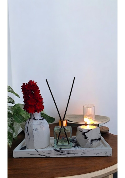 Mermer Desenli Mum Ve Vazo Seti - Vazo Oda Kokusu Tealight Mumluk Ve Mum Dikdörtgen Tepsi Beyaz - Siyah