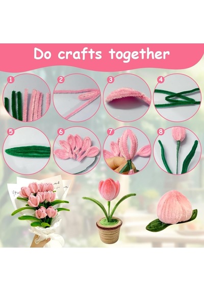 100 Adet Pembe Ve Koyu Yeşil Renkli Şönil , Çiçek Yapım Seti, Tüylü Tel, 30 Cm, Peluş Te