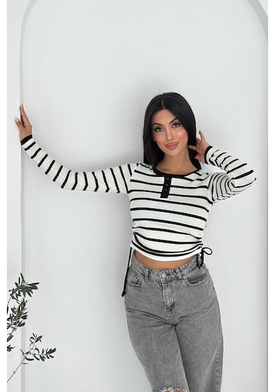 Noa & Noa Kadın Likralı Çizgili Bluz Esnek & Günlük Şıklık Beyaz
