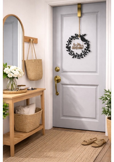 Welcome Yazılı Kuşlu Mdf Kapı & Duvar Süsü Dekoratif Çelenk 30x30 Cm Siyah Siyah