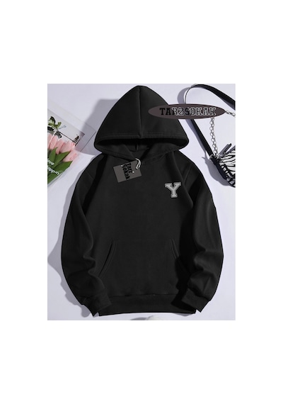 Tarzsokak Kapşonlu Sweatshirt Siyah Y Harfi İsme Özel Tasarım