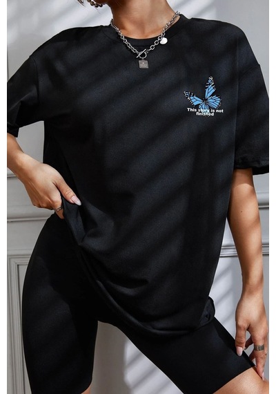Unisex Kelebek Baskılı Tasarım Tshirt SIYAH