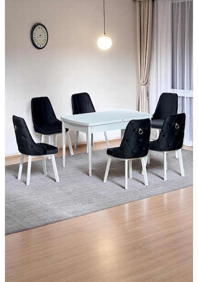 Sonata Beyaz 80 x 132 Açılabilen MDF Masa Metal Ayaklı Mutfak Masası Takımı Siyah Sandalye Sonata Beyaz 80 x 132 Açılabilen MDF Masa Metal Ayaklı Mutfak Masası Takımı Siyah Sandalye