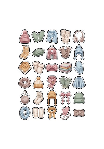 30 Adet Soft Pastel Kışlık Aksesuar Sticker Seti - Laptop Defter Ajanda Telefon İçin Çok Renkli