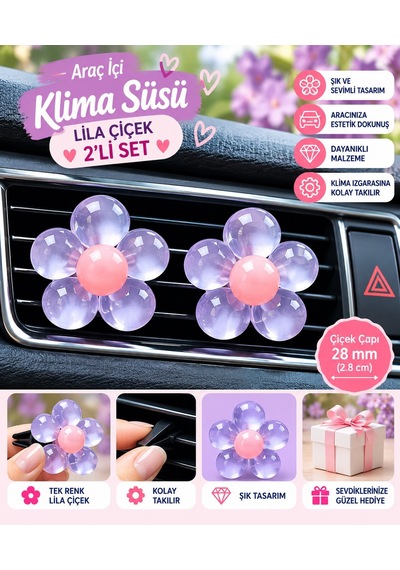 Lila Çiçek 2 Li Set Araç İçi Klima Süsü Pembe Göbekli Dekoratif Havalandırma Süsü