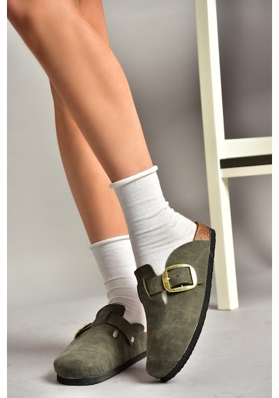 Fox Shoes T777589002 Haki Süet Kadın Terlik Haki-süet Haki