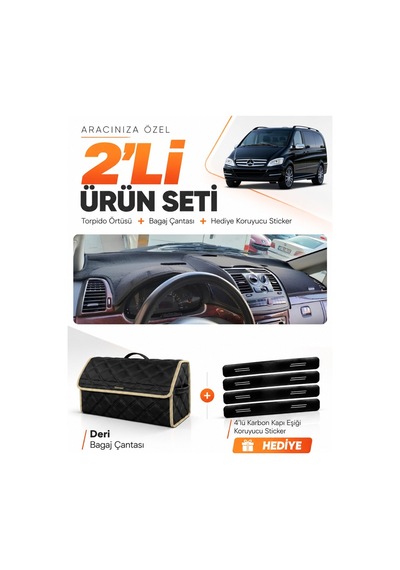 Mercedes Viano W639 2003-2014 Uyumlu Torpido Örtüsü + Deri Bagaj Çantası + Sticker - Siyah Bej