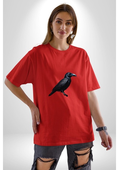 Siyah Karga Pamuklu Bisiklet Yaka Unisex Oversize Boyfriend Dijital Baskılı Kırmızı T-shirt Kırmızı
