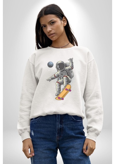 Atronot Kaykay Uzay Mars Unisex Beyaz Baskılı Sweatshirt Beyaz