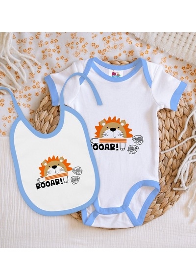 Bk Kids Roar Tasarımlı Mavi Bebek Body Zıbın Ve Mama Önlüğü Hediy Çok Renkli