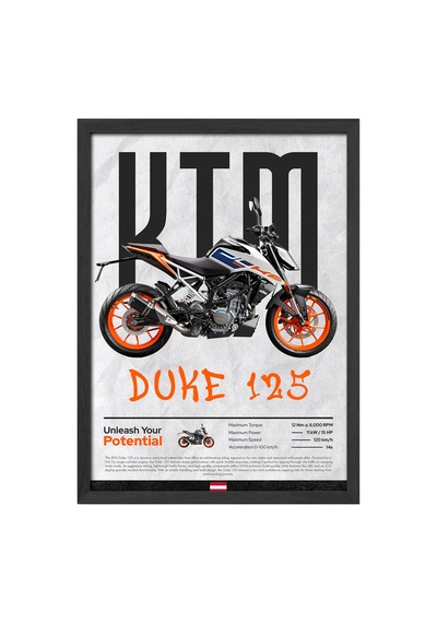 Ktm Duke 125 Siyah Ahşap Çerçeveli Poster, Dekoratif Motosiklet Duvar Tablosu