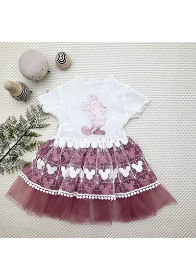 Alfa Expres 1-2-3 Yaş Payetli Mickey Baskılı Brode Etekli Kız Bebek Elbisesi Rose Rose