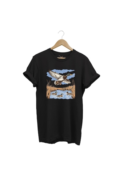 Hunting Avcılık Ördek Avı Sazlık Göl Baskılı %100 Pamuk Regular Fit Unisex T-shirt Siyah