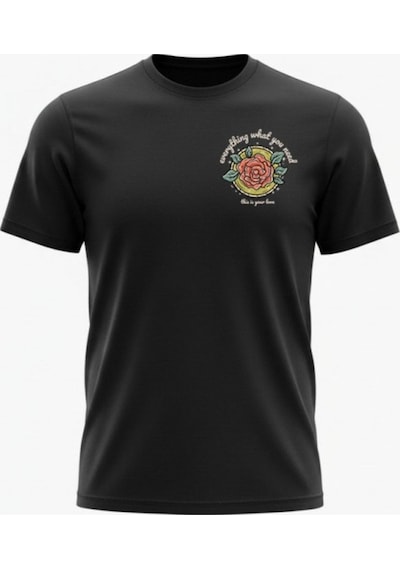 Urbantrendstore Unisex Gül Desen Baskılı Oversize Fit Rahat Geniş Salaş T-shirt Günlük Tişört Siyah