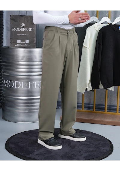 Modefendi Baggy Kesim Pile Detaylı Kumaş Pantolon Haki