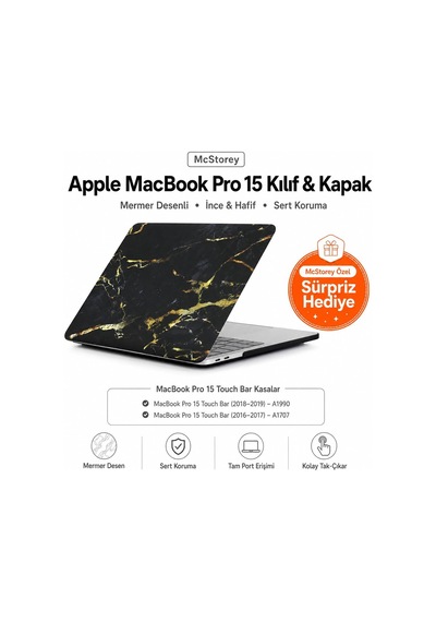 Macbook Pro 15 Mermer Desenli Kılıf A1707 A1990 Uyumlu İnce Hafif Sert Kapak Koruyucu Kılıf Siyah Belirtilmemiş