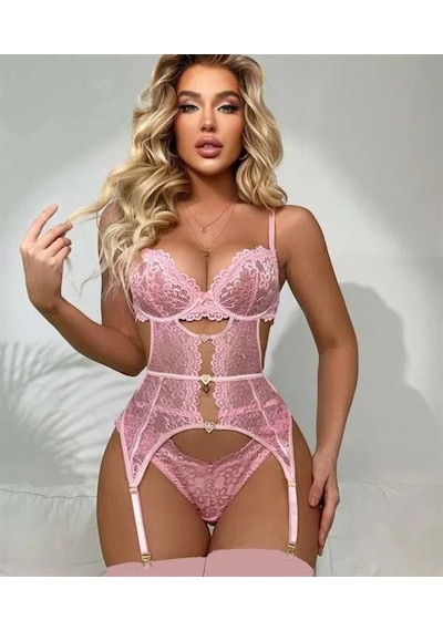 Angbutik Kadın Aksesuarlı Dantelli Pembe Jartiyer Takım