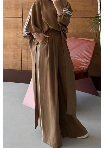 Neşeli Butik Kadın Camel Şerit Detaylı Oversize Tunik Pantolon İkili Tesettür Takım Nms102