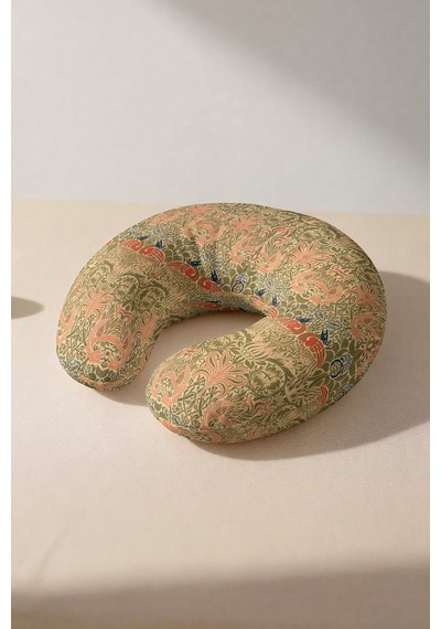 Vintage Kuş Motifli Ergonomik Boyun Yastığı - Doğal Desenli Zeytin Yeşili Turuncu Seyahat Yastığı Mat Taş Amber