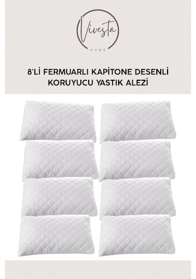 Kapitone Desenli 8'li Yastık Koruyucu Alez Seti Fermuarlı, Anti-bakteriyel Beyaz