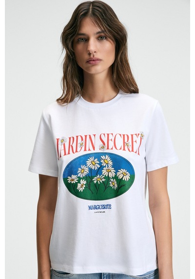 ETHIQUET KARIVA Kadın Bisiklet Yaka Kısa Kollu Ön Baskı Detaylı Regular Fit Beyaz T-Shirt