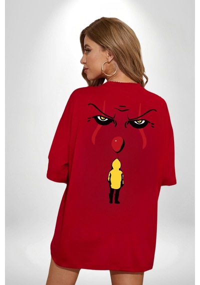 Pennywise Vs Georgie Korku Filmi Kırmızı Oversize Unisex Ön Ve Sırt Baskılı Tişört Kırmızı
