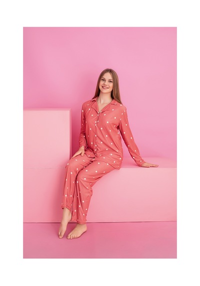 Rindahomewear Kadın Yıldızlı Desenli Süet Örme Uzun Kol Kadın Düğmeli Pijama Takımı Çok Renkli
