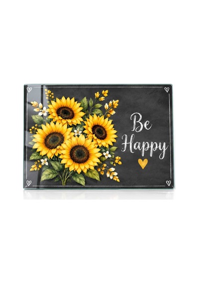 Gökçeoğlu Cam Kesme Tahtası Sarı Ayçiçekli Siyah Zeminli Be Happy Temalı - Cam Kesme Tablası 20cm X 30cm Çok Renkli