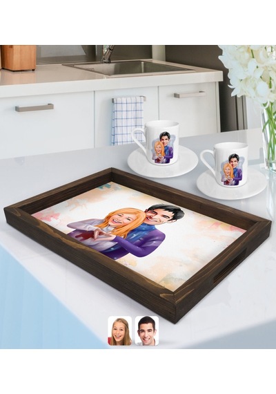 Kişiye Özel Sevgililer Karikatürlü Doğal Ahşap Tepsi Ve 2 Li Kahve Fincan Seti-89