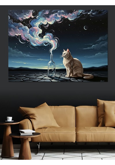 Gece Beyaz Kedi Dekoratif Kanvas - Mdf Ahşap Tablo