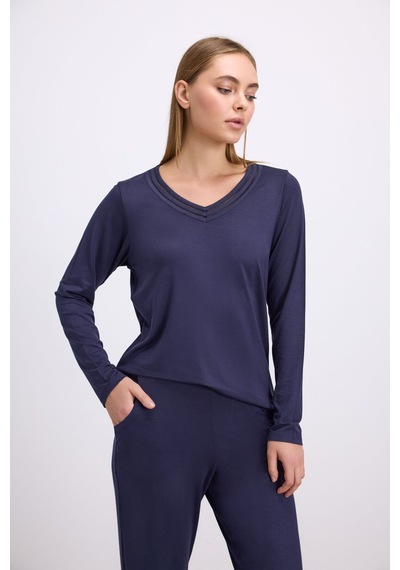 Man11616-1020 Anil Ev Giyim Anıl Kadın Uzun Kollu Pijama Takımı Şık V Yaka Ve Minimal Tasarım 11616 Lacivert