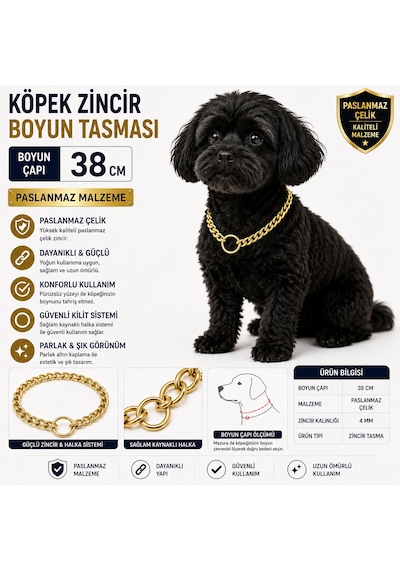 Köpek Zincir Boyun Tasması 38 Cm Paslanmaz Çelik 4 Mm Kalınlık - Altın Çok Renkli
