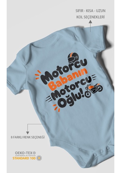 Morivokids Motorcu Babanın Motorcu Oğlu Kısa Kollu Bebek Body %100 Pamuk Bebe Mavisi