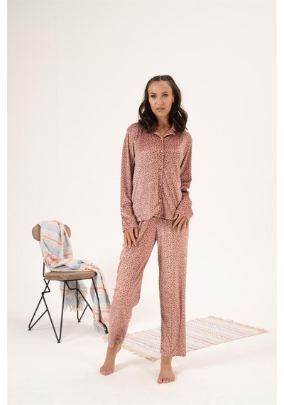 Estiva Desenli Önden Düğmeli Kadife Bayan Pijama Takım 001